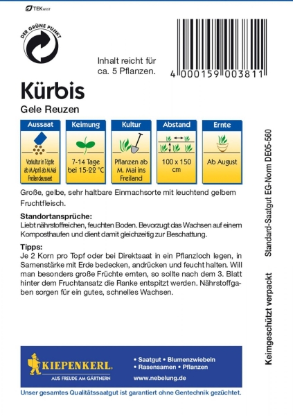 Kürbis * Gele Reuzen * Gelber Zentner * 5 Samen